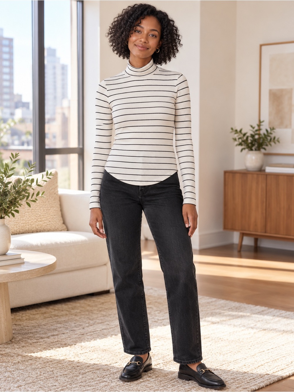 Gap Rib Mock Turtleneck Curved Hem Black Ivory Stripe Preppy Minimalist Top XS